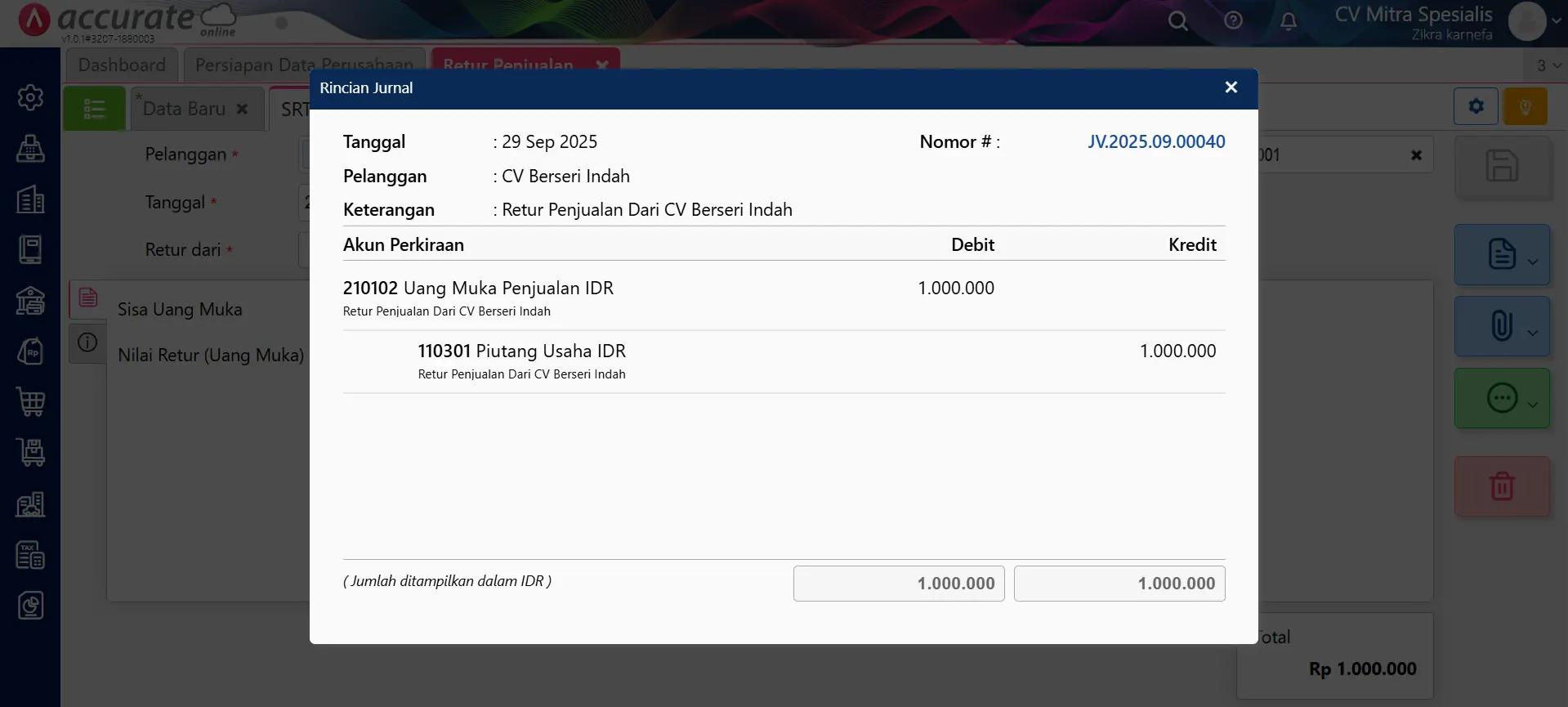 Cara retur penjualan untuk uang muka